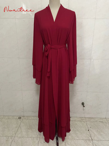 Fashion Chiffon Abaya Kimono Dubai Muslim Cardigan Abayas Women Casual Robe Female Islam Clothes with Belt F2664