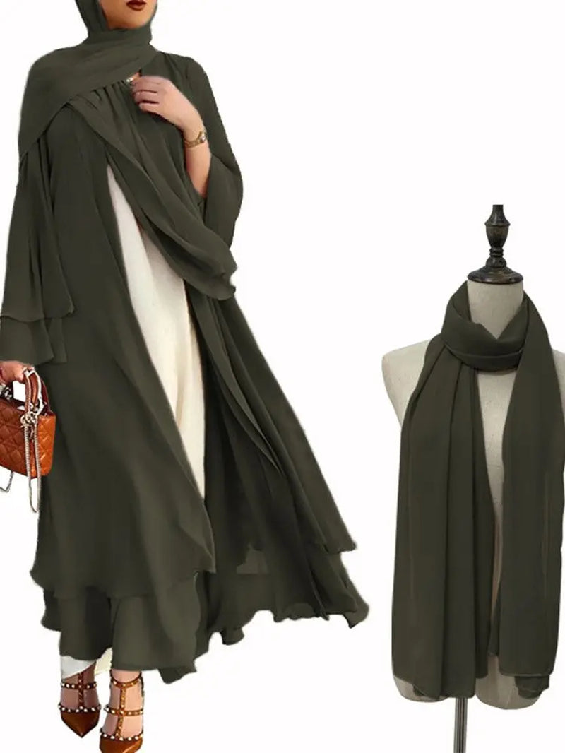 Fashion Chiffon Abaya Kimono Dubai Muslim Cardigan Abayas Women Casual Robe Female Islam Clothes with Belt F2664
