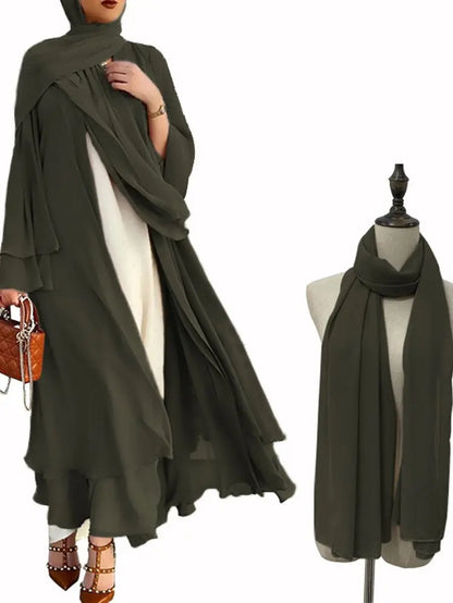 Fashion Chiffon Abaya Kimono Dubai Muslim Cardigan Abayas Women Casual Robe Female Islam Clothes with Belt F2664