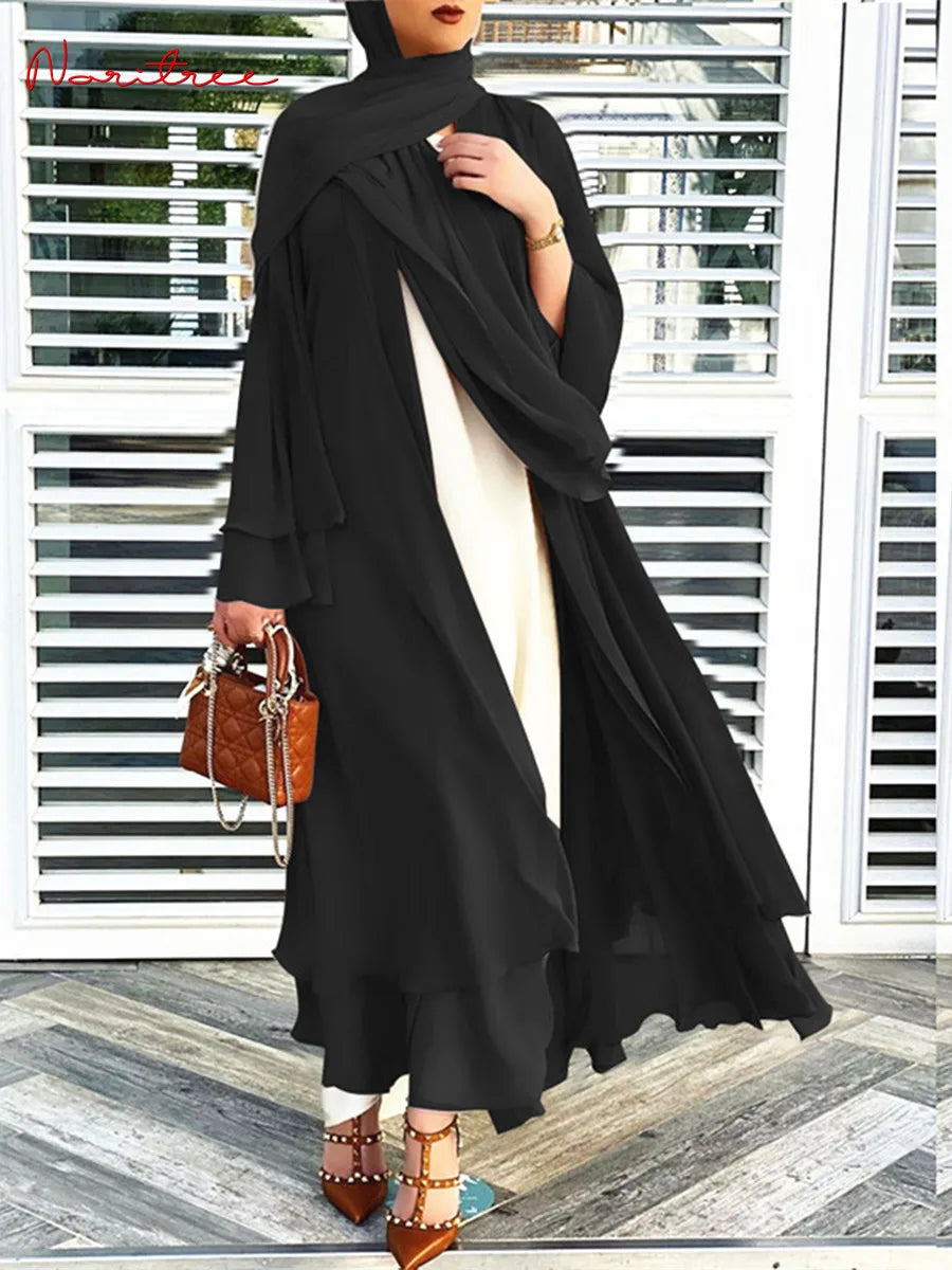 Fashion Chiffon Abaya Kimono Dubai Muslim Cardigan Abayas Women Casual Robe Female Islam Clothes with Belt F2664