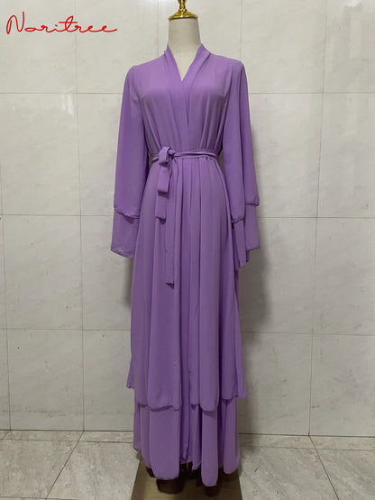 Fashion Chiffon Abaya Kimono Dubai Muslim Cardigan Abayas Women Casual Robe Female Islam Clothes with Belt F2664