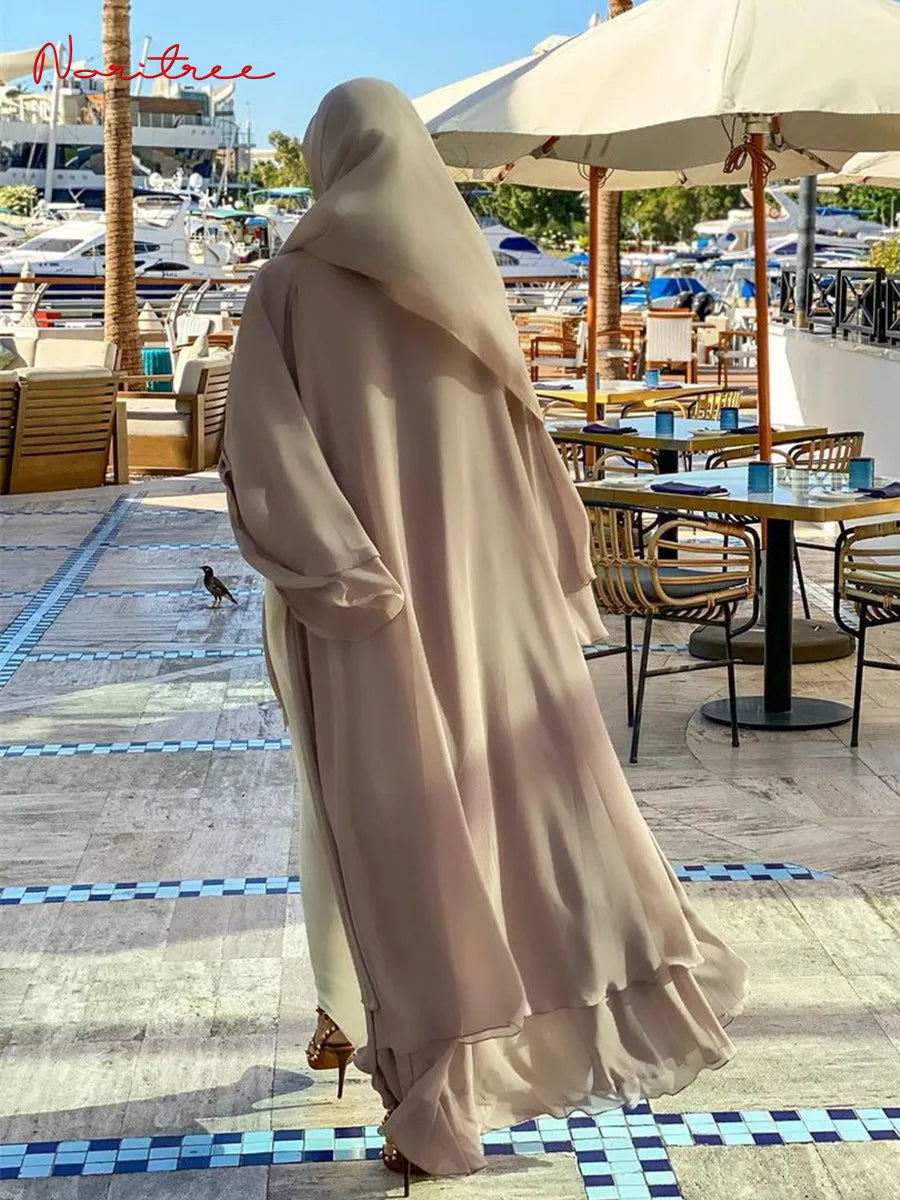 Fashion Chiffon Abaya Kimono Dubai Muslim Cardigan Abayas Women Casual Robe Female Islam Clothes with Belt F2664