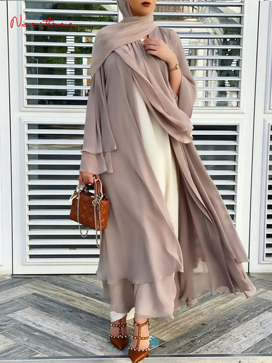 Fashion Chiffon Abaya Kimono Dubai Muslim Cardigan Abayas Women Casual Robe Female Islam Clothes with Belt F2664