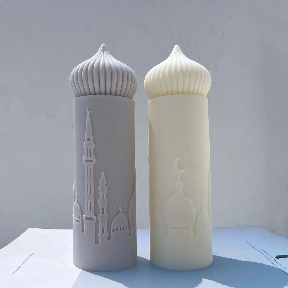 Modern Islamic Mosque Silhouette Pillar Candle – Decorative Ramadan & Eid Home Gift | Two Elegant Designs