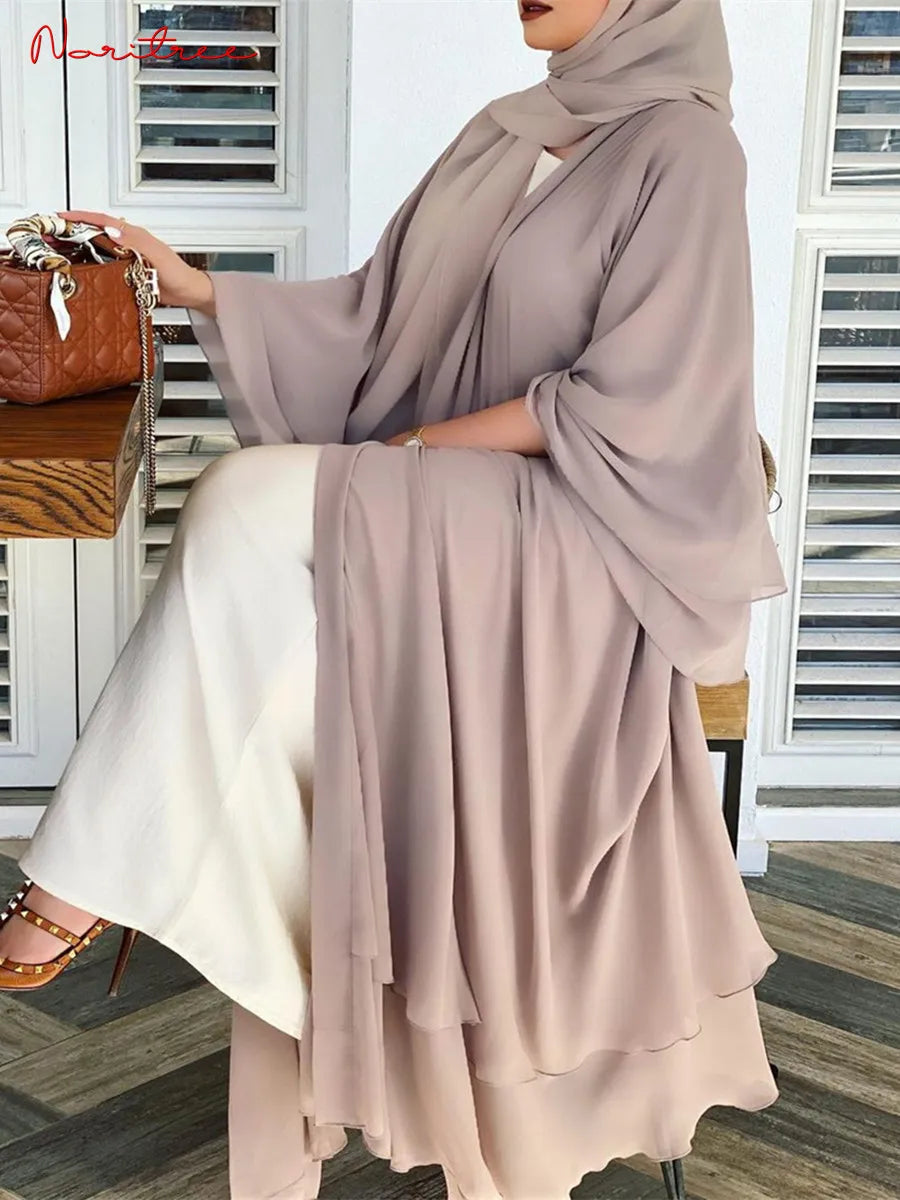 Fashion Chiffon Abaya Kimono Dubai Muslim Cardigan Abayas Women Casual Robe Female Islam Clothes with Belt F2664