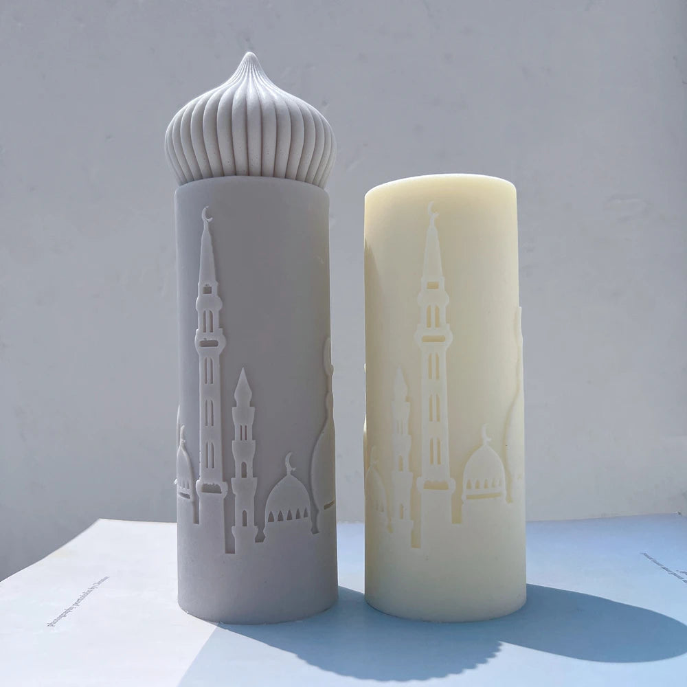 Modern Islamic Mosque Silhouette Pillar Candle – Decorative Ramadan & Eid Home Gift | Two Elegant Designs