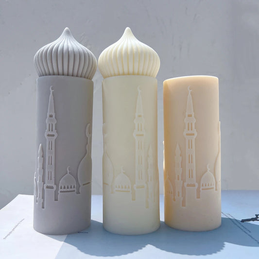 Modern Islamic Mosque Silhouette Pillar Candle – Decorative Ramadan & Eid Home Gift | Two Elegant Designs